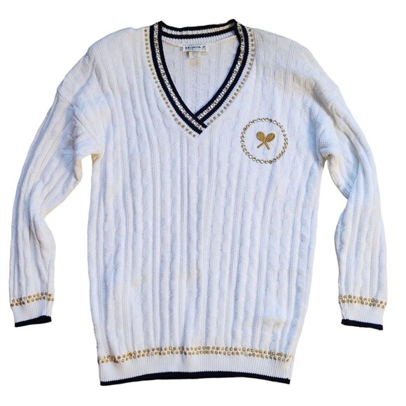 Vintage 60s 70s Preppy White Tennis Sweater M/L Retro V-Neck Embroidered Sequins - Picture 1 of 5